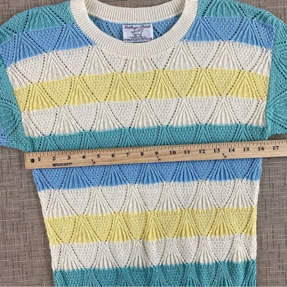 Vintage Lightweight Geometric Knit Striped Yellow Blue Shirt Sleeve Sweater Sz M - Picture 5 of 8